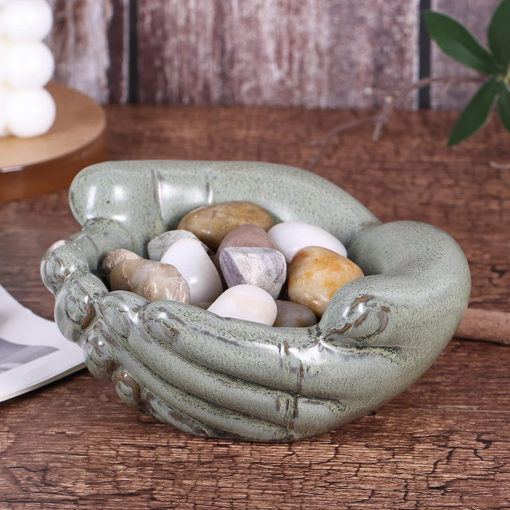 orenm Ceramic Hands Bowl Dish Sculpture, Offering Hands Dish Candy Holder,for Succulent Planter, Crystal Rock Holder, Office, Keys Bowl for Entryway Table（Green ）