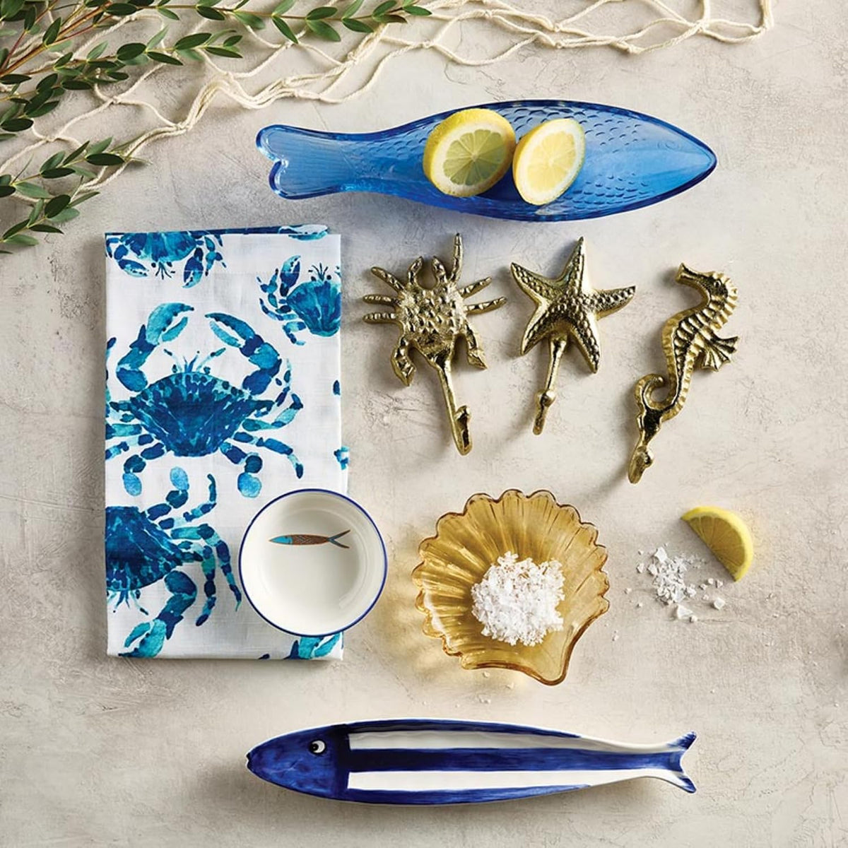 47th & Main Fish Shaped Dish Ceramic Tapas Bowl for Entertaining, 12" x 2.25", Blue/White