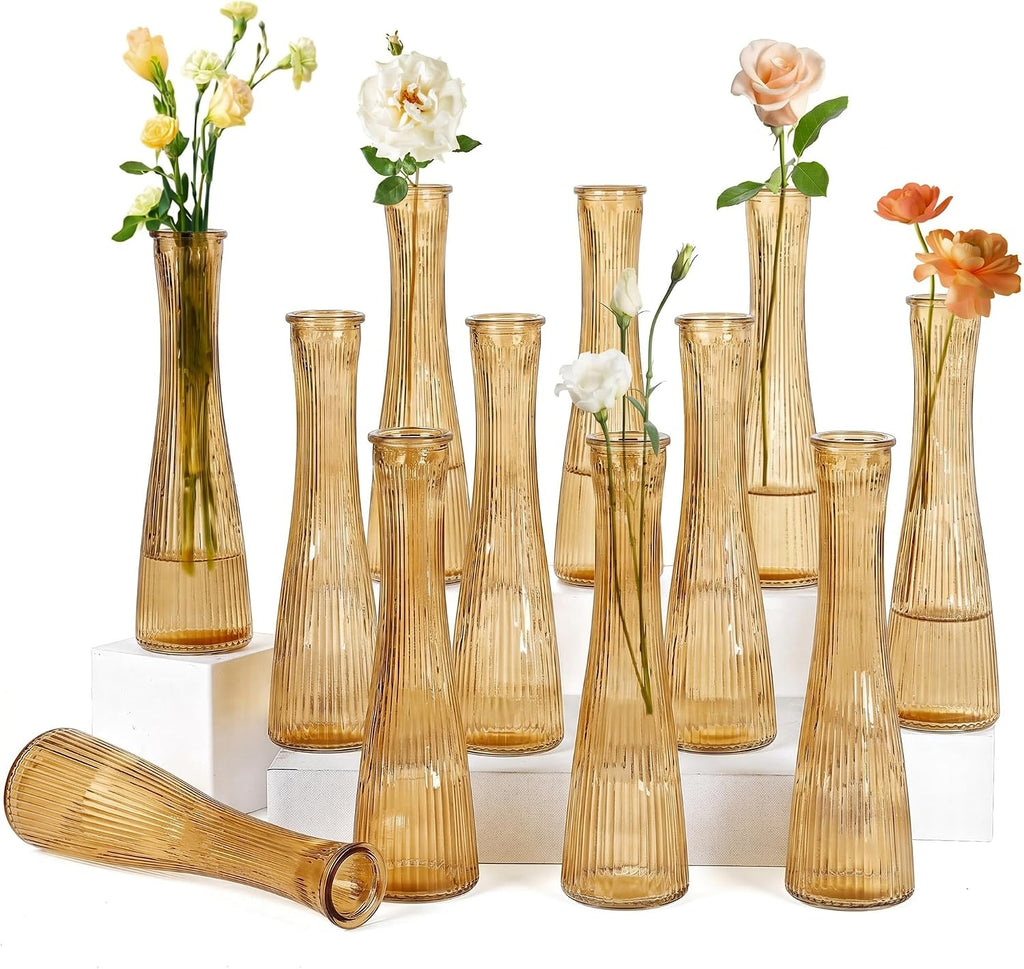 Glass Bud Vases Bulk 12 Pcs - Golden Water Ripple Wedding Centerpiece Vases, Small Flower Vases for Table Decor, Party Events & Home Decor
