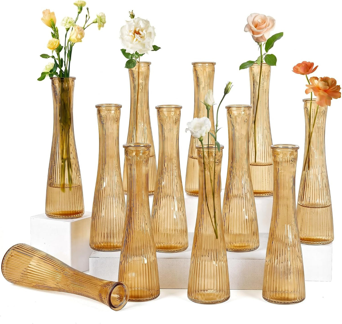 Glass Bud Vases Bulk 12 Pcs - Golden Water Ripple Wedding Centerpiece Vases, Small Flower Vases for Table Decor, Party Events & Home Decor