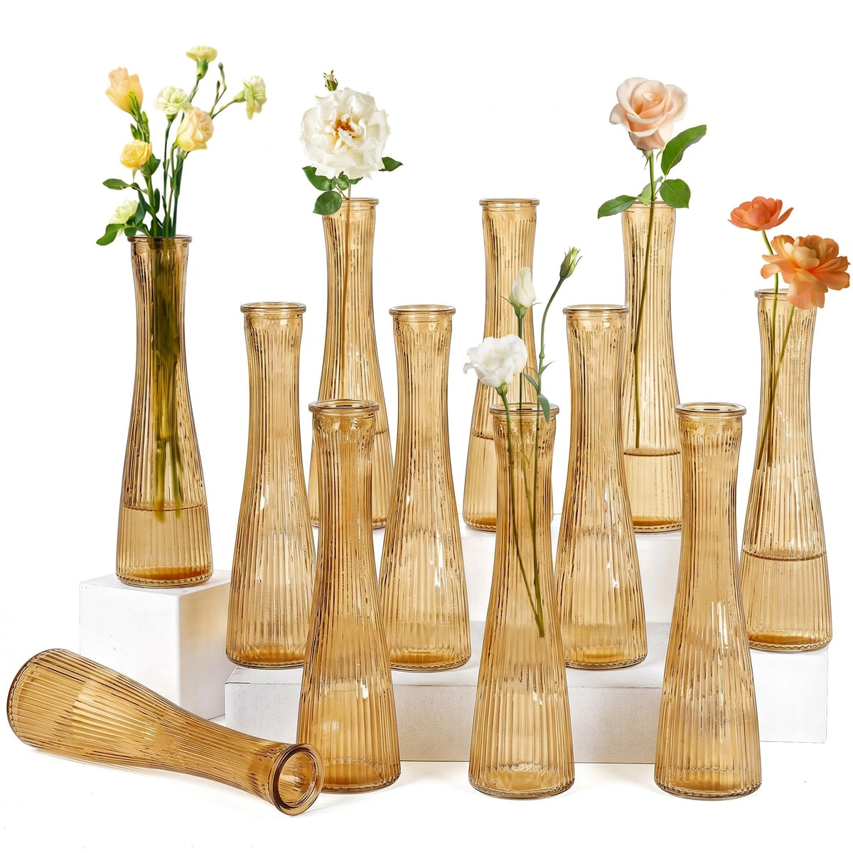 Glass Bud Vases Bulk 12 Pcs - Golden Water Ripple Wedding Centerpiece Vases, Small Flower Vases for Table Decor, Party Events & Home Decor