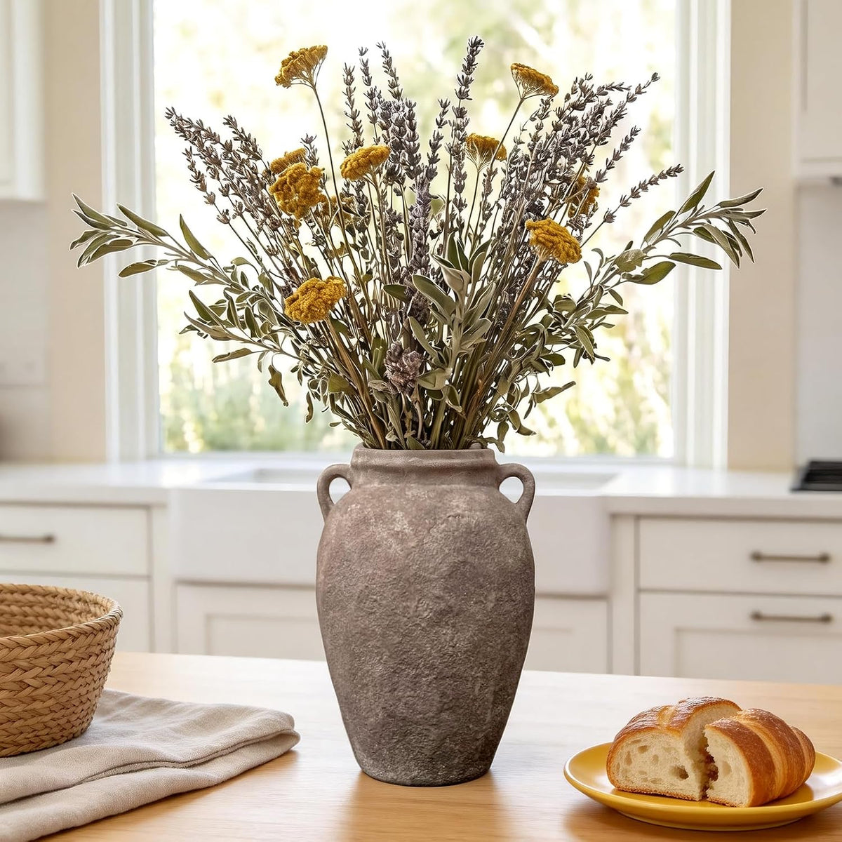 Rustic Ceramic Flower Vase, Vintage Two-Handle Brown Textured Home Décor
