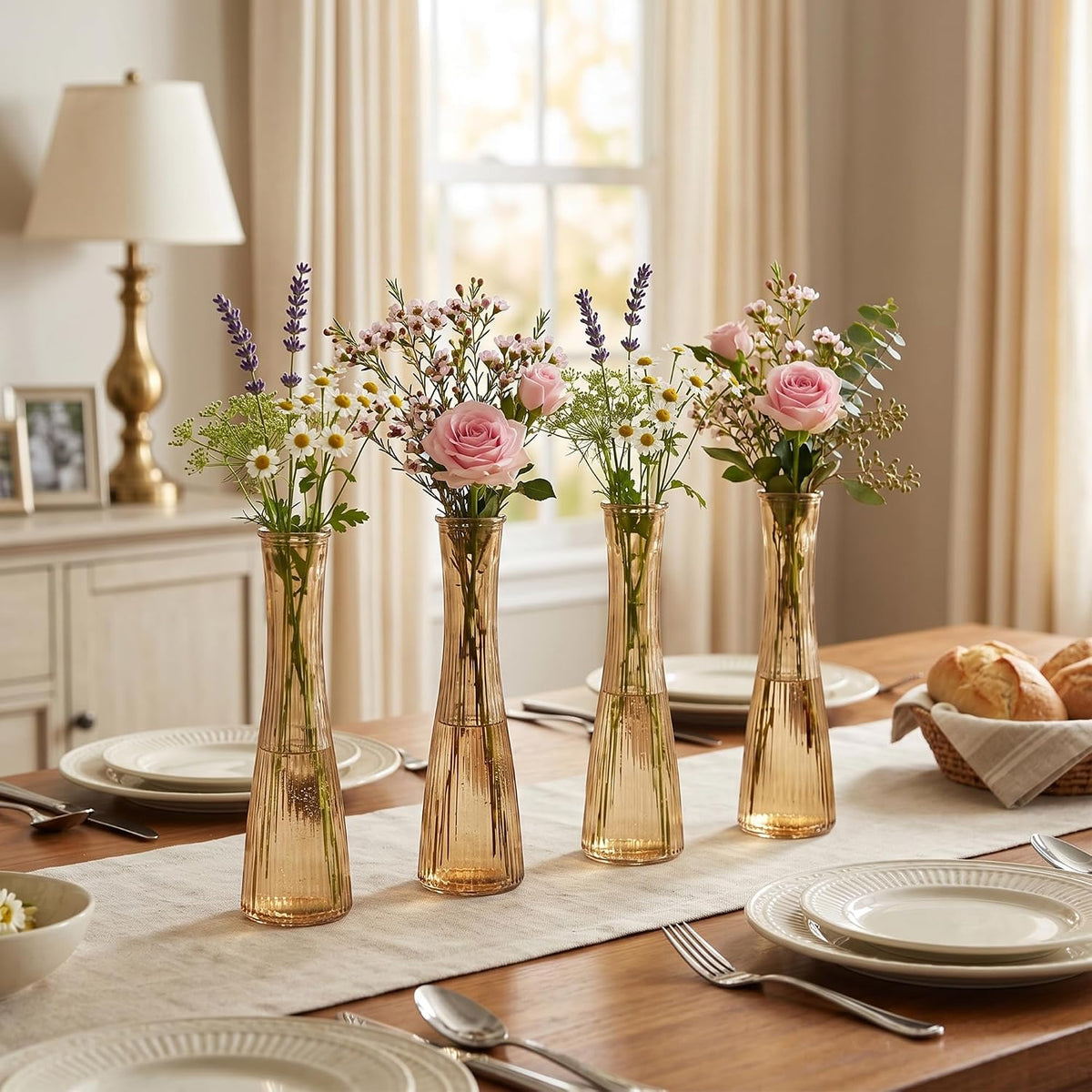 Glass Bud Vases Bulk 12 Pcs - Golden Water Ripple Wedding Centerpiece Vases, Small Flower Vases for Table Decor, Party Events & Home Decor