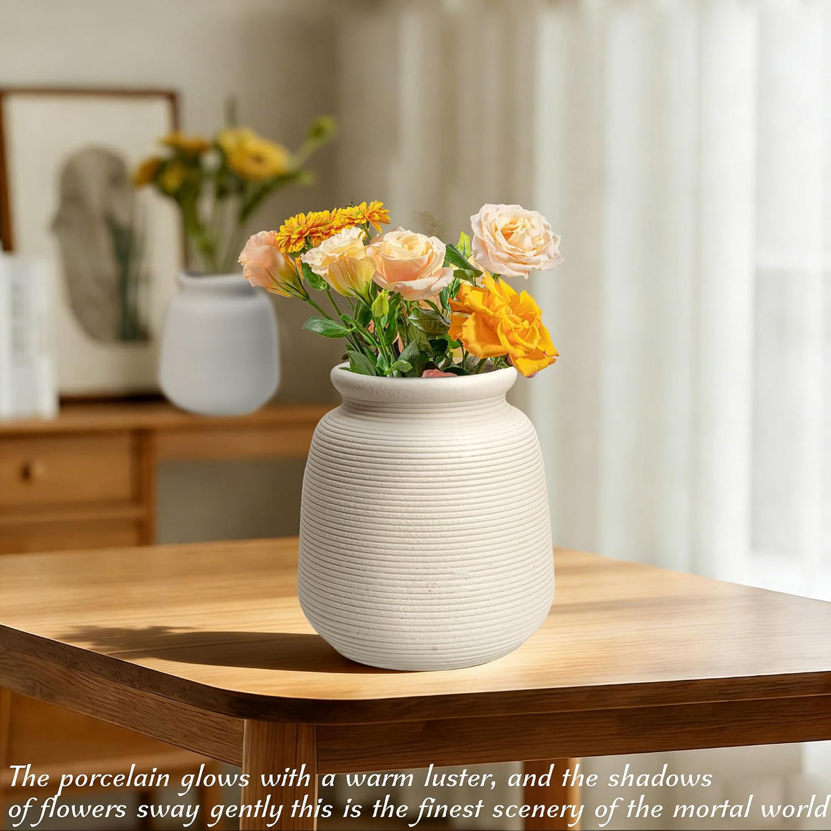 Ceramic Vase Set of 2 Ribbed Matte Rustic Farmhouse Decor