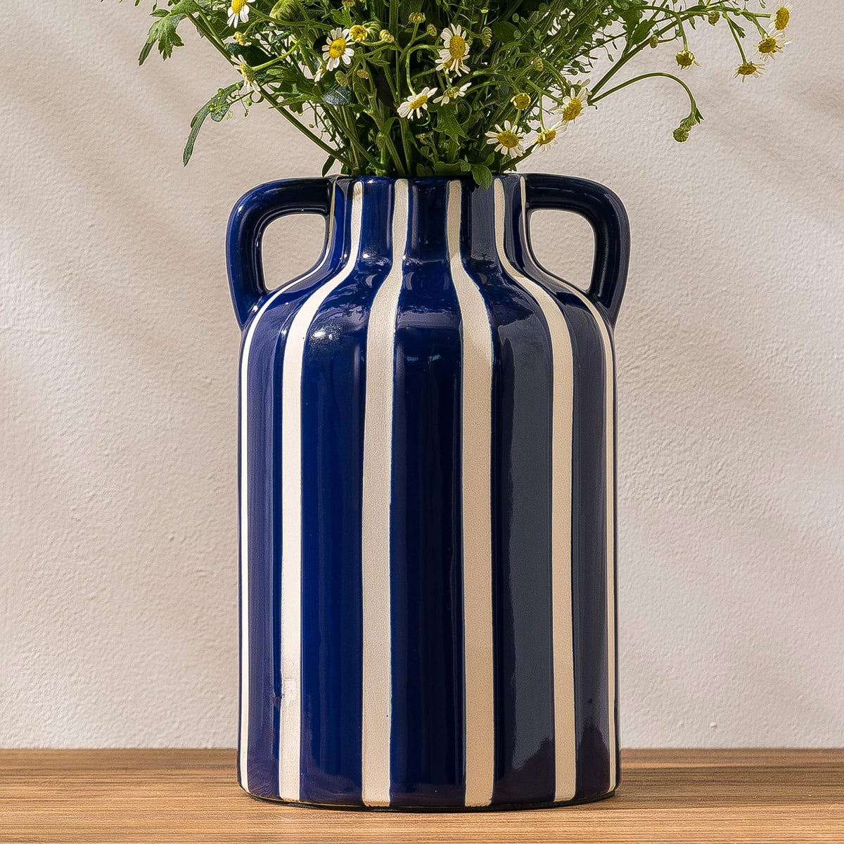 SURE YUESI Black Ceramic Vase with Handles, 9.1 Inch Striped Flower Vase for Halloween Decor, Modern Farmhouse Vase for Pampas Grass, Shelf Decor, Dining Table Centerpiece