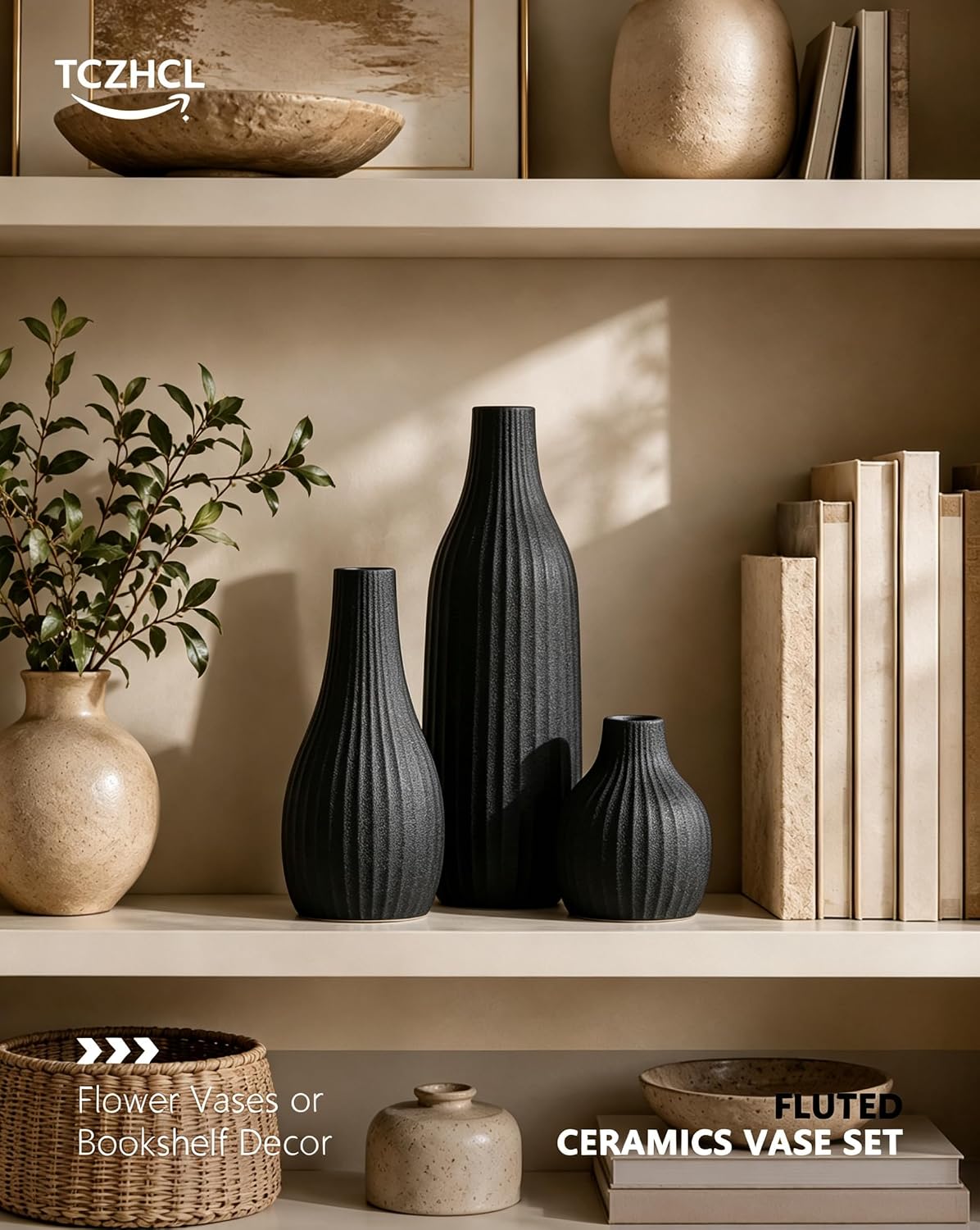 Minimal Line Black Ceramic Vase Set of 3, Matte Decorative Flower Vases