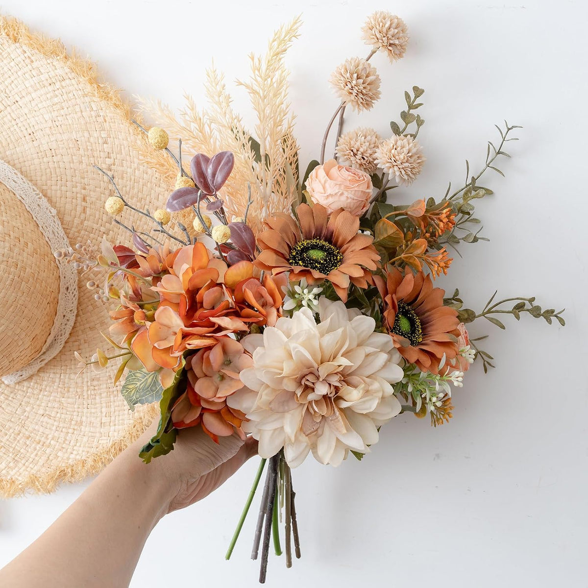 17-inch Artificial Fake Faux Flowers Silk Flower Arrangements Bouquets with Dandelions, Dahlias, Hydrangeas, Sunflowers, Roses, Astilbes and Shooting Star Branches(Autumn Haze)