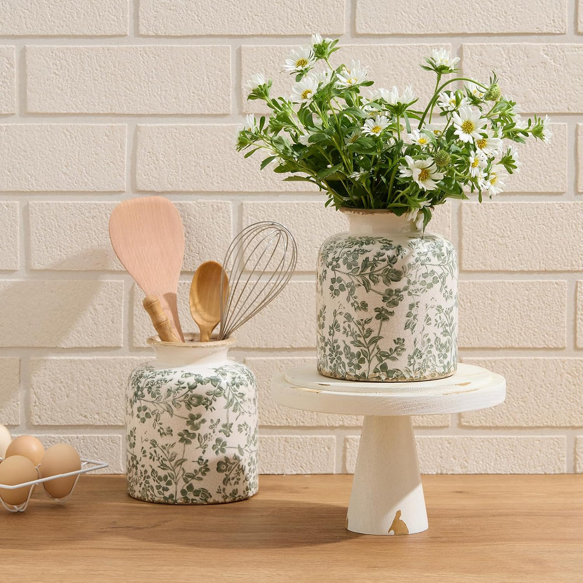 Vintage Chinoiserie Ceramic Vase, Green Flower Vases for Home Decor, 6.2in