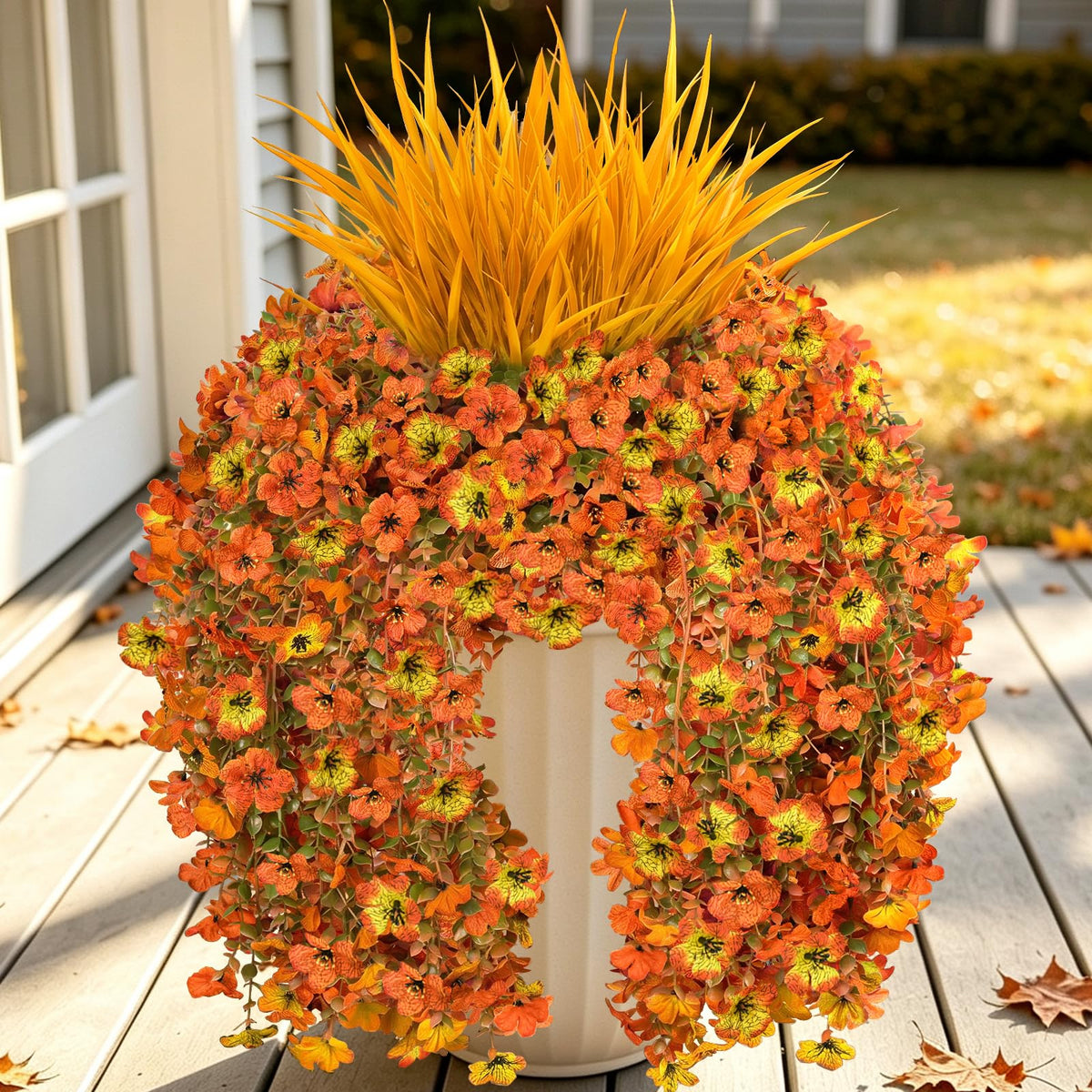 7PCS Artificial Fall Hanging Flowers for Outdoor, Six-Petaled Faux Mums
