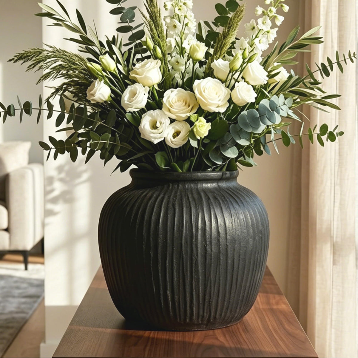Oakrain Large Vase with Vertical Ribbed Texture, 11" Black Round Vase