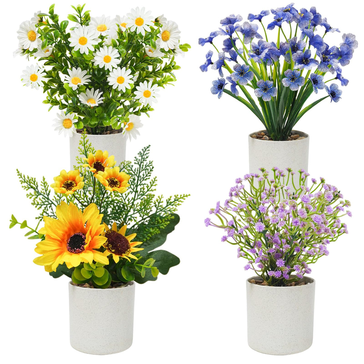 4 Packs Small Artificial Flowers in Pot, All-in-One Floral Decor,Colorful