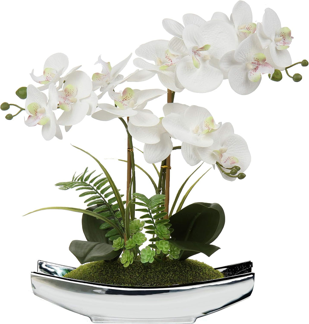 Briful 15" White Faux Orchid Arrangement in Silver Boat Pot Table Decor