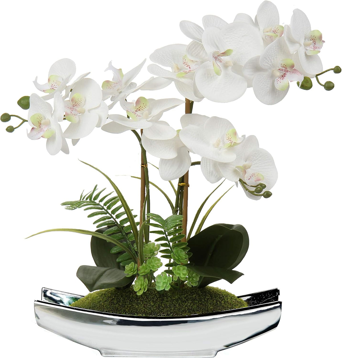 Briful 15" White Faux Orchid Arrangement in Silver Boat Pot Table Decor