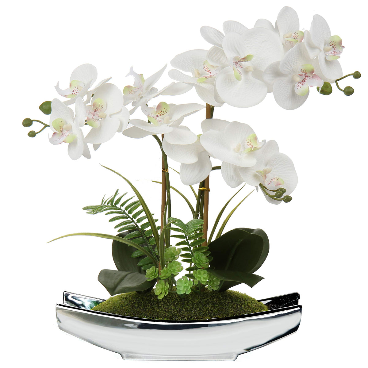 Briful 15" White Faux Orchid Arrangement in Silver Boat Pot Table Decor
