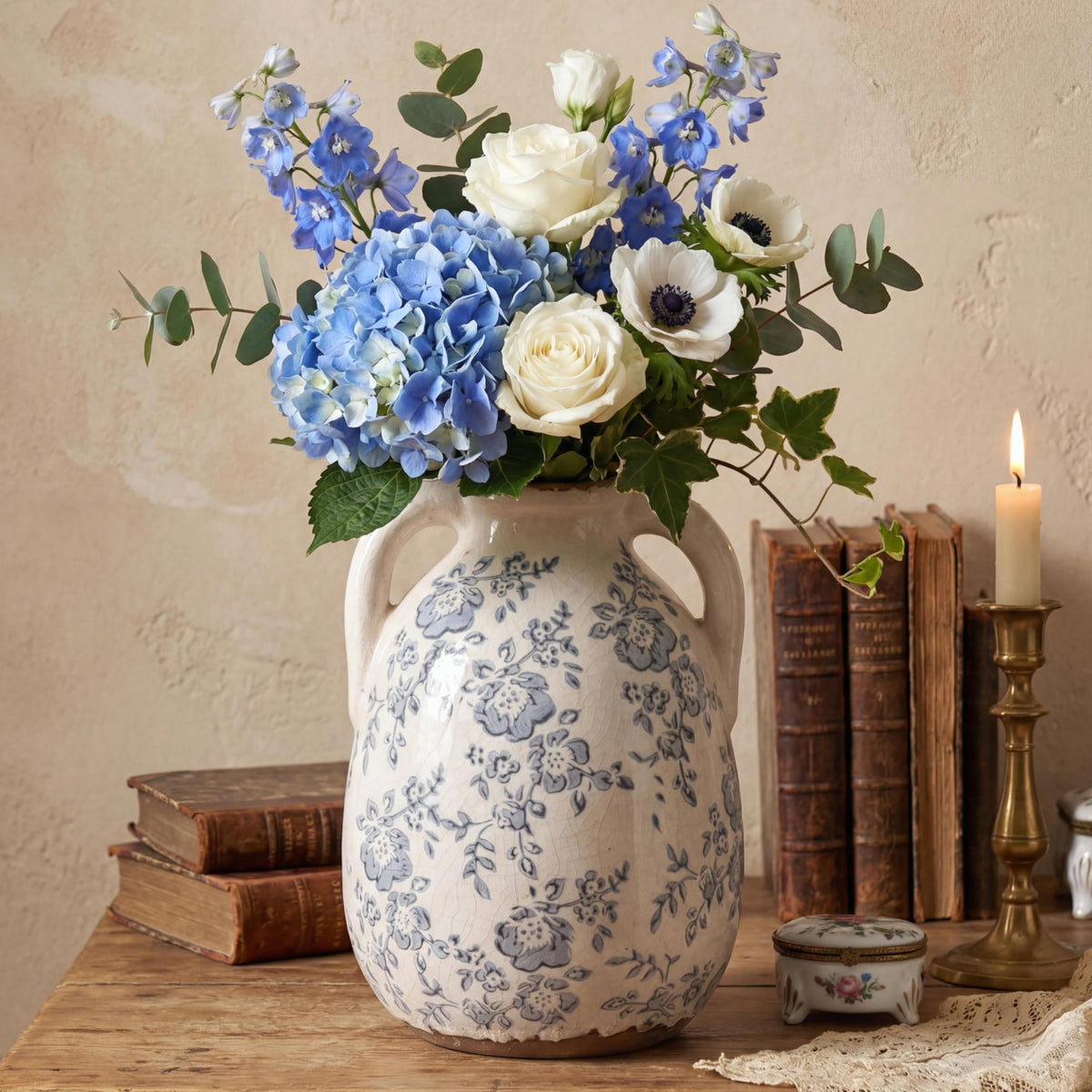 Ronasip Vintage Blue and White Chinoiserie Ceramic Vase, 6.9” Hand-Painted Peony Floral Design, Antique Style Vases for Home Decor, Centerpieces, Living Room, Balcony (Blue and White)