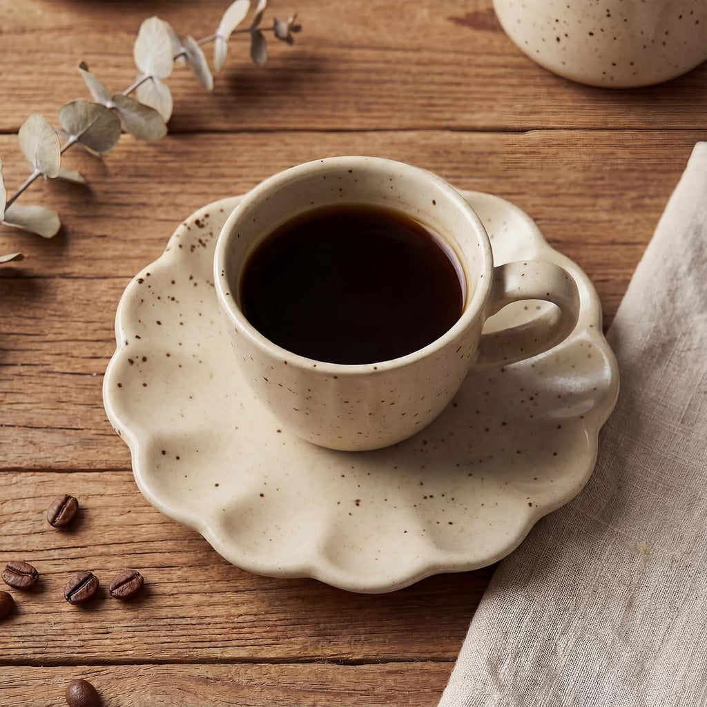 4 Pcs Ceramic Cup Coasters, Scalloped 4.5" Speckled