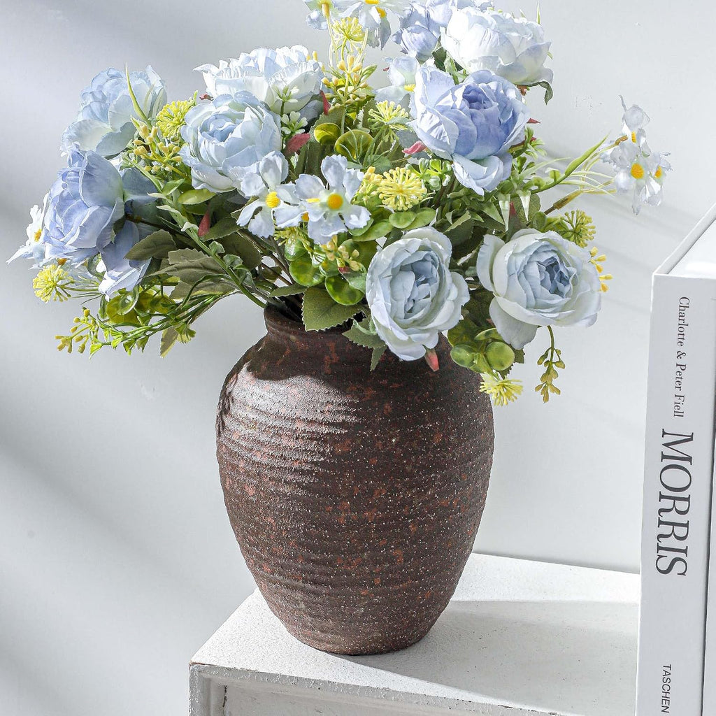 Ceramic Flower Vase, 7.4 Inch Rustic Farmhouse Pottery Decor