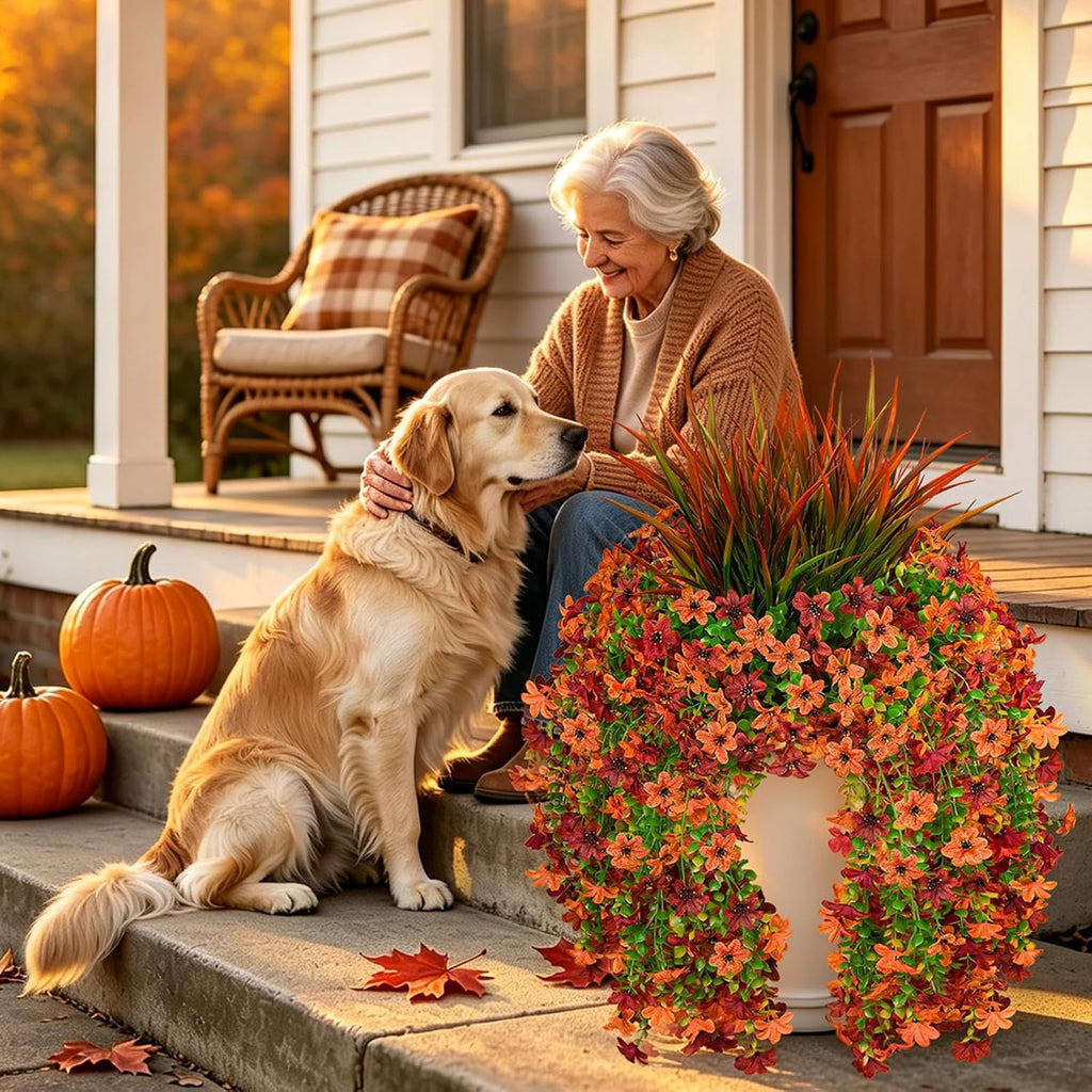 7PCS Artificial Fall Hanging Flowers for Outdoor, Six-Petaled Faux Mums
