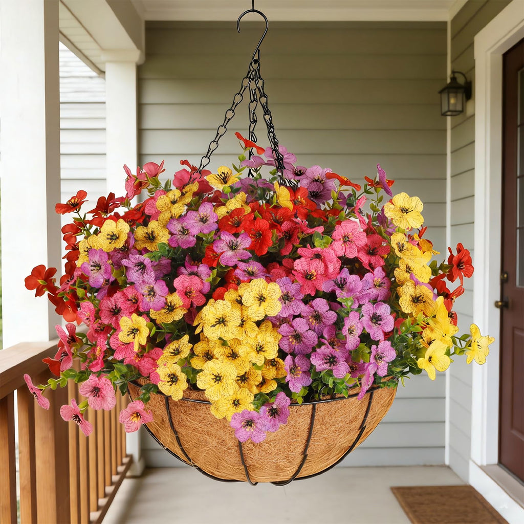 Artificial Outdoors Flowers with Hanging Basket, UV Resistant Fake Hanging Flowers for Spring Summer Decoration, Faux Silk Plants with Planters for Porch Home Patio Balcony Yard (Rose Red, Purple)