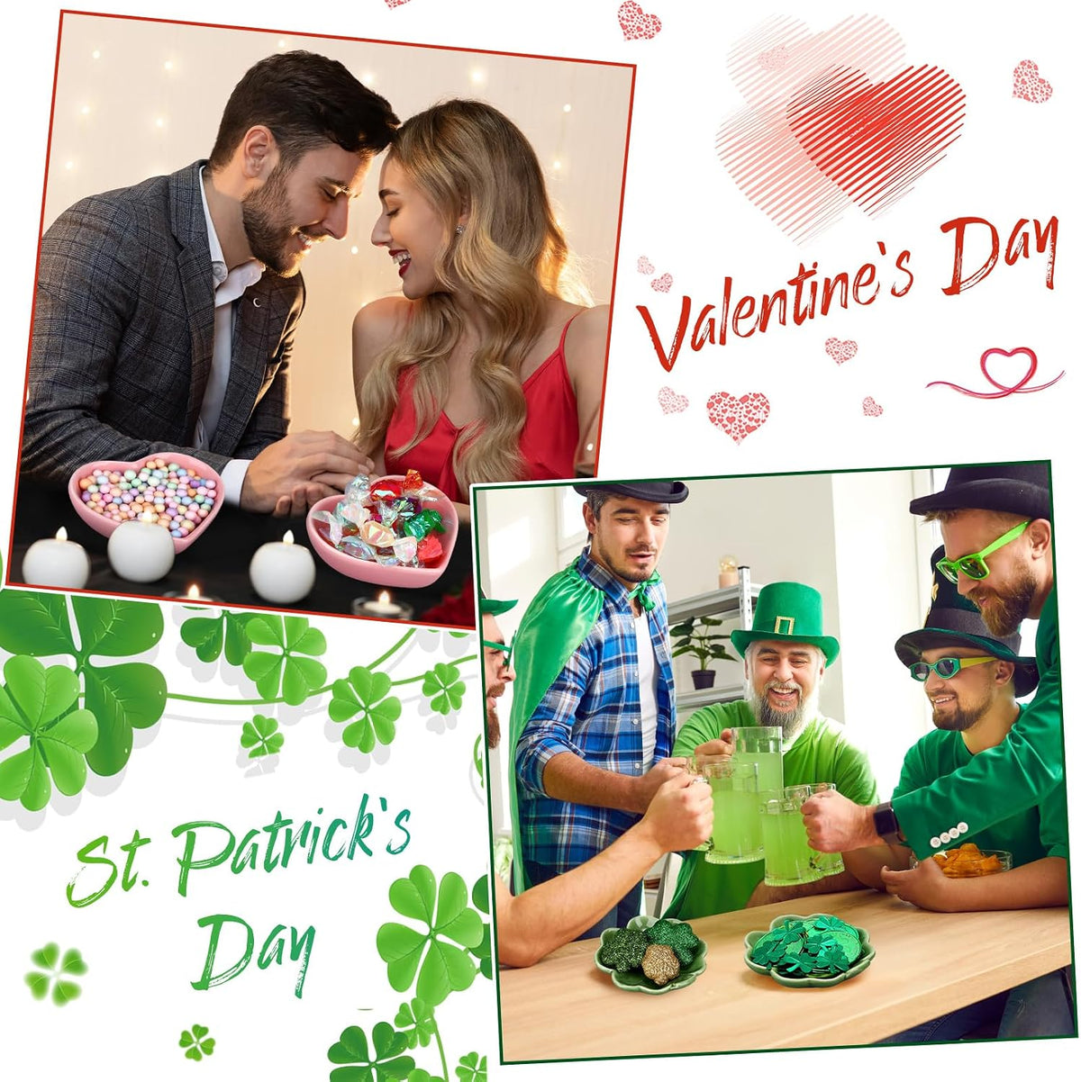 SiliFine 6 Pcs Valentine and St. Patrick's Day Ceramic Candy Dish Set Heart Shaped Bowl and Shamrock Porcelain Bowls Multipurpose Bowl for Valentine Wedding Irish Day Gift Decoration