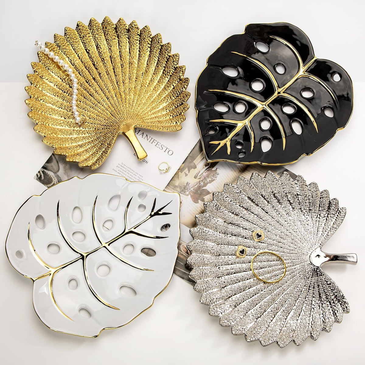 Ceramic Leaf Shaped Decorative Tray, Black Gold Monstera Leaf Plate 12.6"x11" for Jewelry, Keys, Snack, Candle Holder, Modern Table Centerpiece Home Decor