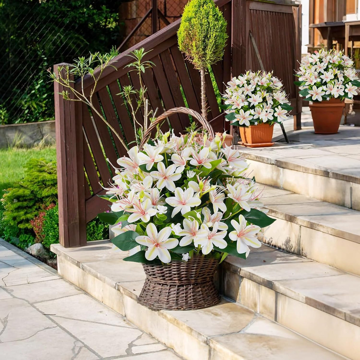 14'' Fake Plants Artificial Lily Flowers in Pot for Home Décor(White)