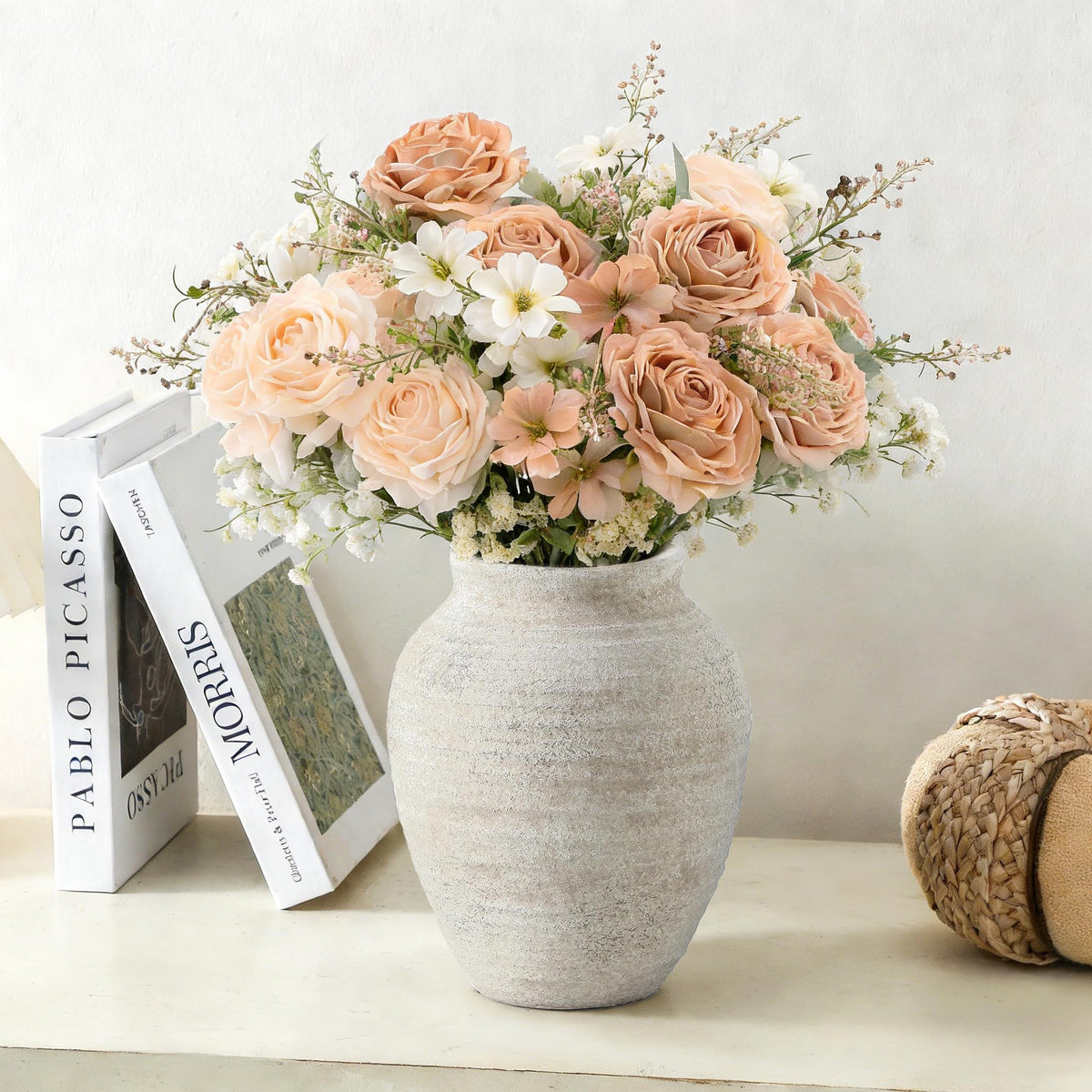 Ceramic Flower Vase, 7.4 Inch Rustic Farmhouse Pottery Decor