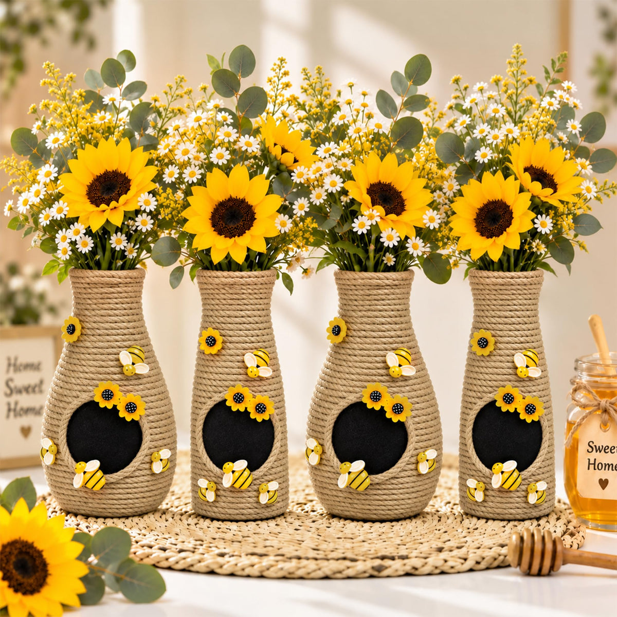 2 Pcs 8 in Honeybee Vase Decor, Rustic Jute Rope Bee Hive Centerpieces