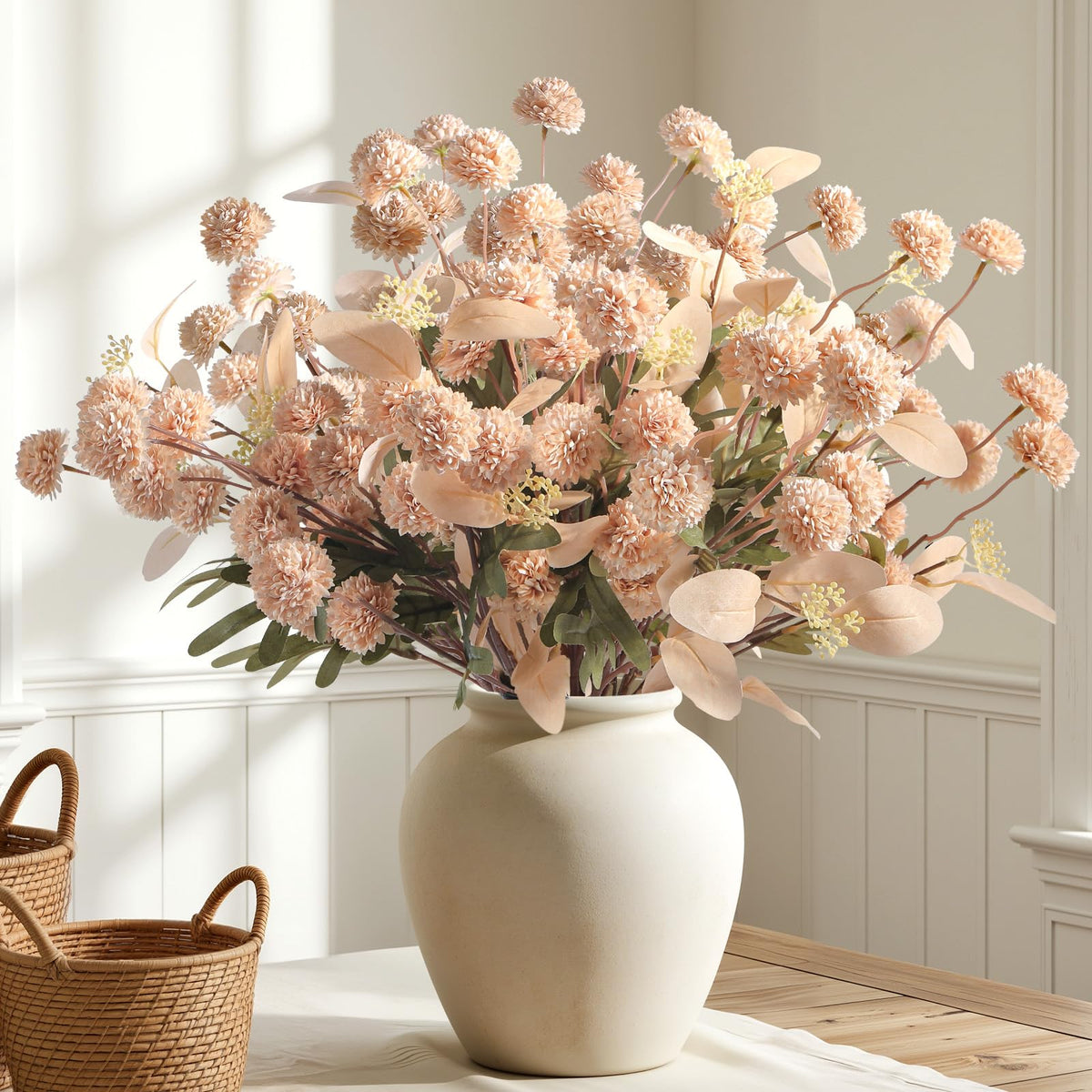 Alupssuc 16 Pcs Faux Silk Mums with Eucalyptus, Fake Chrysanthemum for Vase