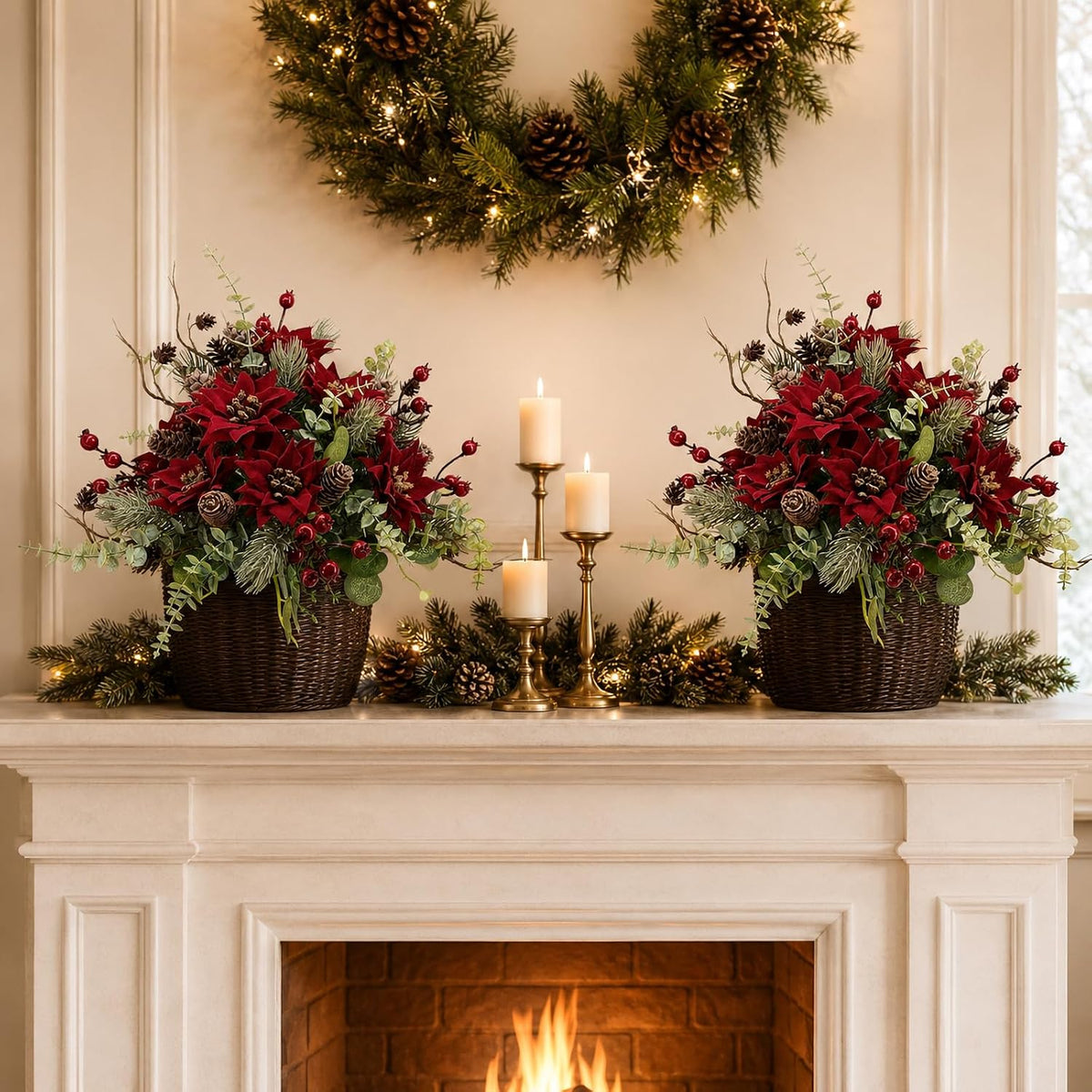 2Pcs Christmas Artificial Flowers Poinsettia Bouquet Winter Décor