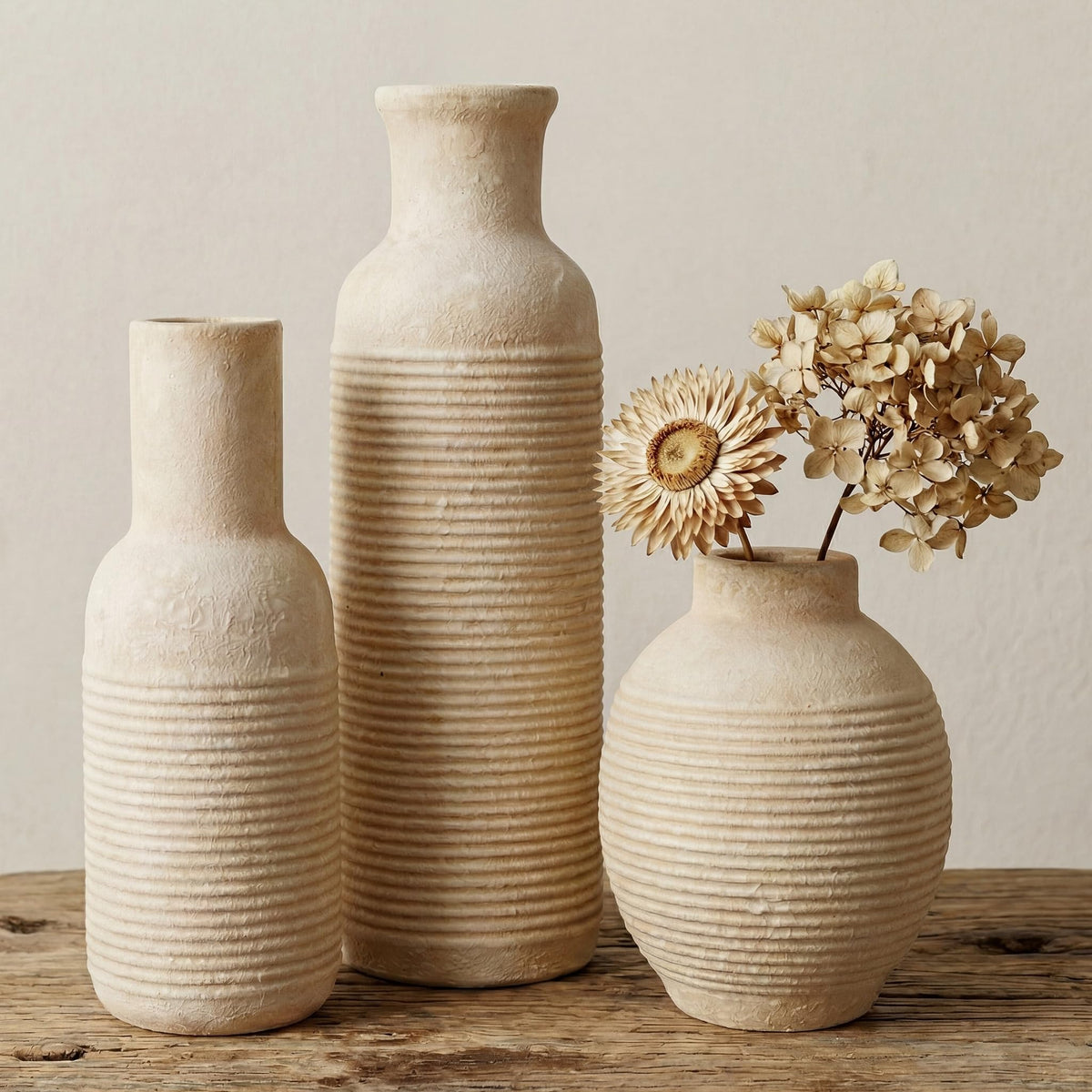 Rustic Farmhouse Vase Set of 3 - Ceramic Decorative Vases Home Decor - Pampas Grass Dried Fresh Flowers - for Centerpiece, Table, Mantel Entryway, Kitchen, Bedroom (White2)