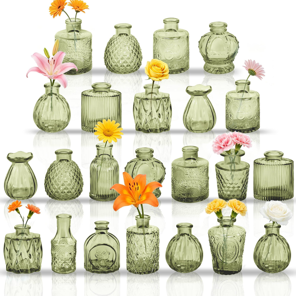Glass Bud Vases in Bulk Small Mini Green Vase for Flowers 17pc