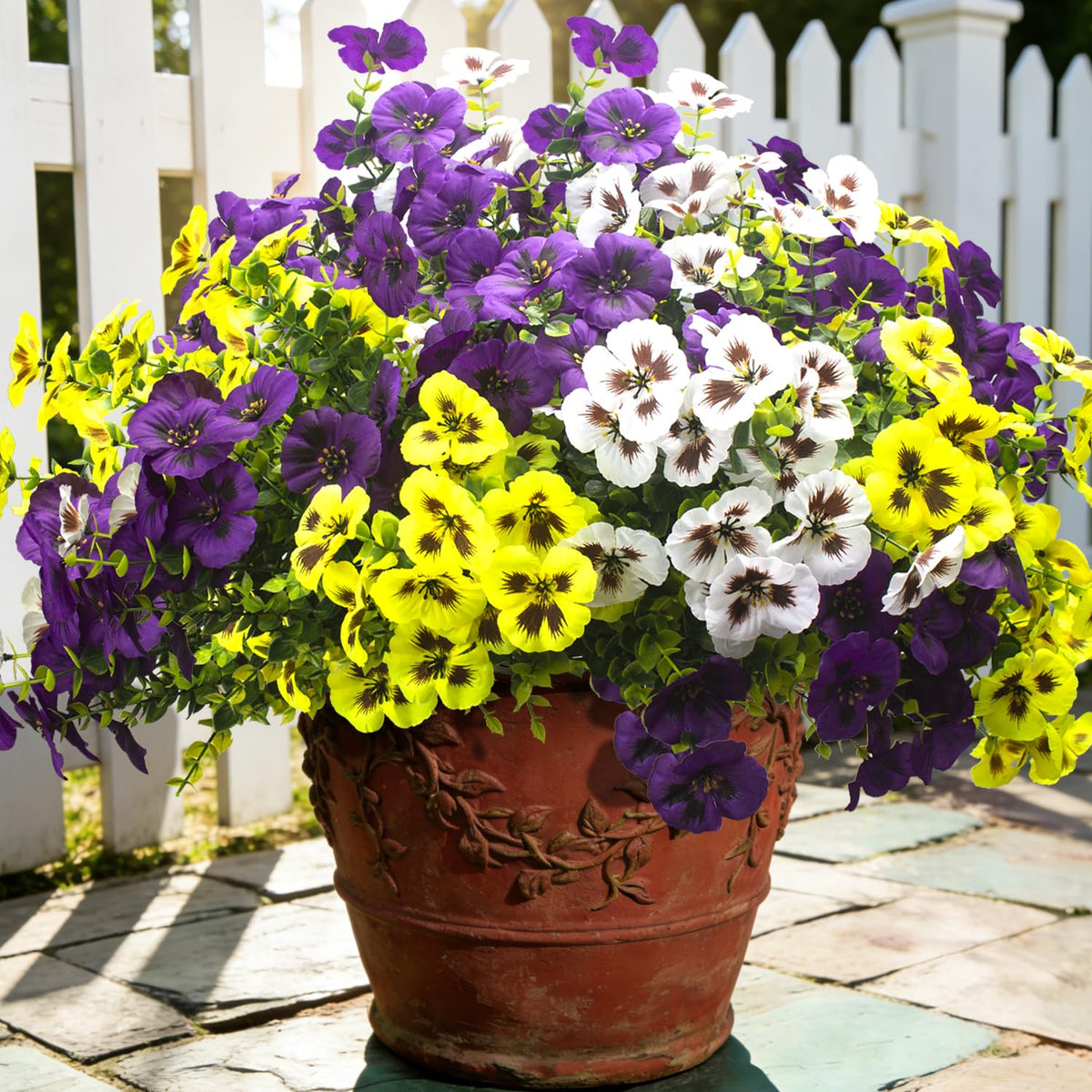 16 Artificial Pansy Faux Fall Flowers Outdoor UV Resistant No Fade Yellow