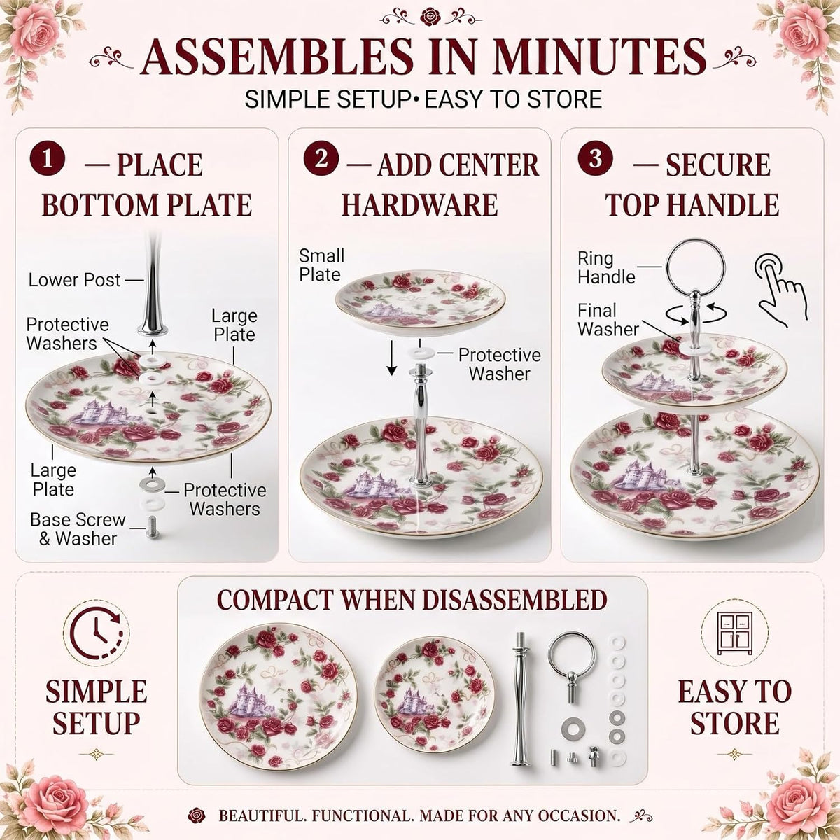 Rose Floral 2-Tier Serving Stand, Ceramic Cupcake & Dessert Tray