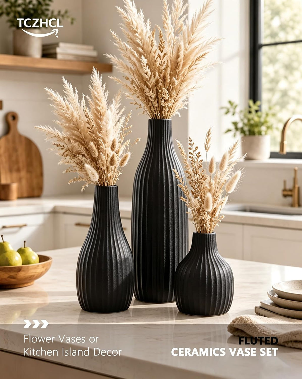 Minimal Line Black Ceramic Vase Set of 3, Matte Decorative Flower Vases