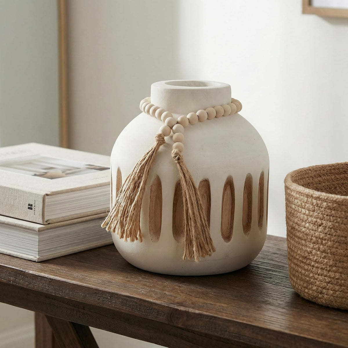 Handmade Wooden Vase with Decorative Beads and Tassels