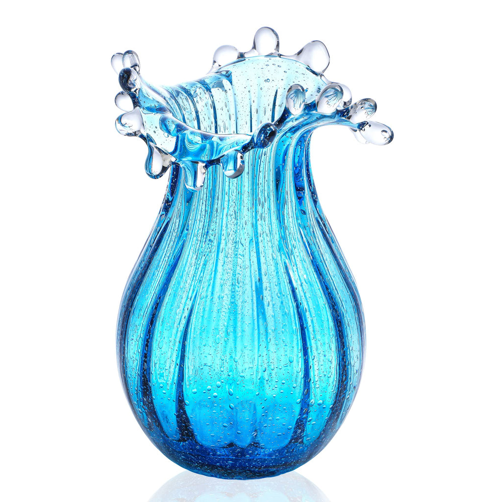 Green Glass Bubble Vase for Flowers, 8.5" Blown Glass Vase for Home Decor