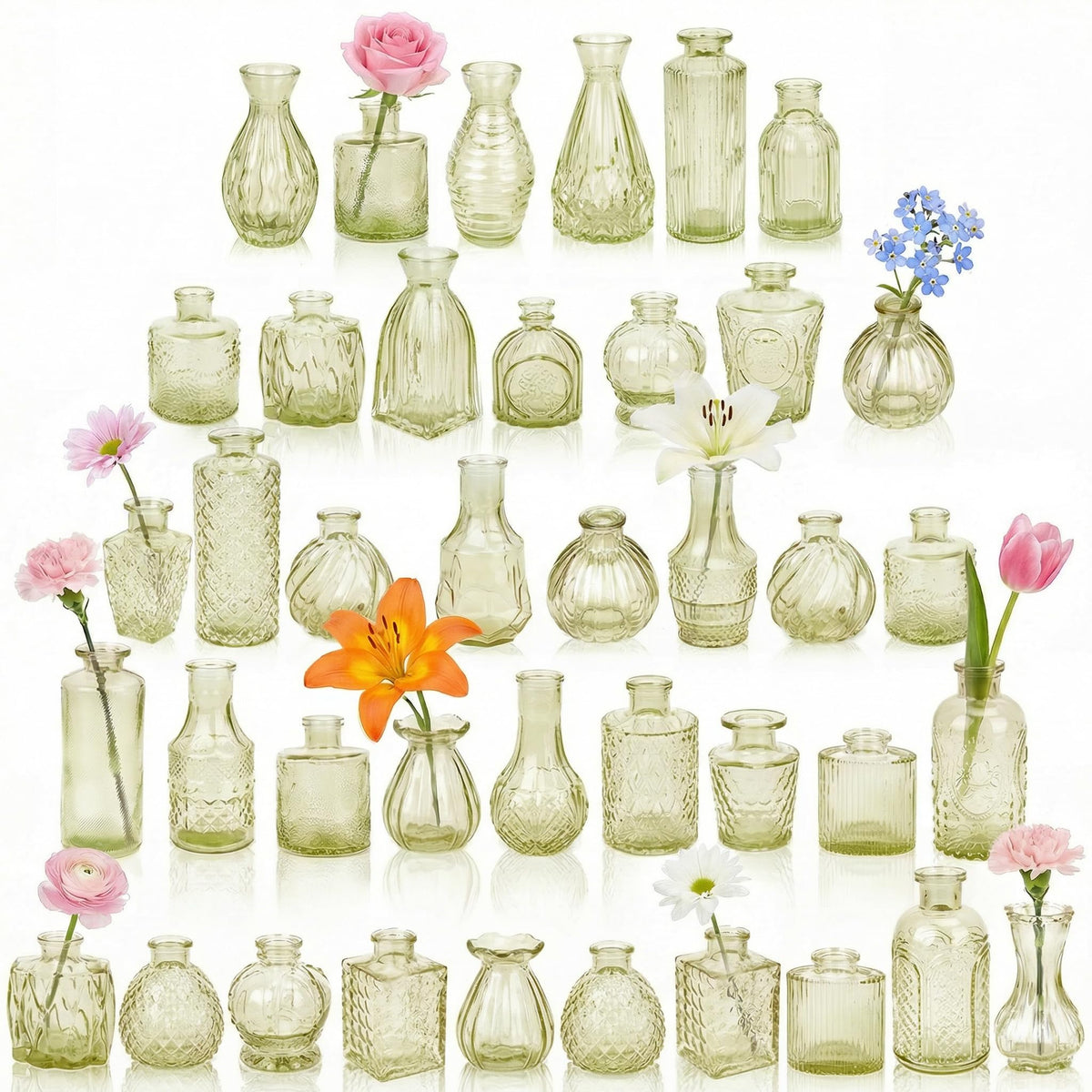 Glass Bud Vases in Bulk Small Mini Green Vase for Flowers 17pc