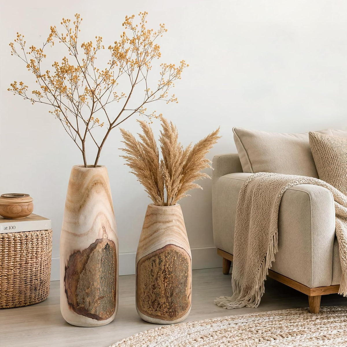 2 Pcs Paulownia Wooden Rustic Vase Live Edge 13", 16" H Floor Vase