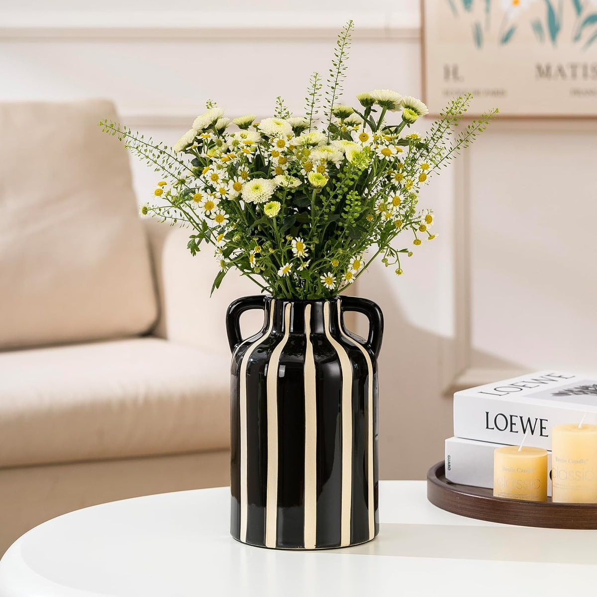 SURE YUESI Black Ceramic Vase with Handles, 9.1 Inch Striped Flower Vase for Halloween Decor, Modern Farmhouse Vase for Pampas Grass, Shelf Decor, Dining Table Centerpiece