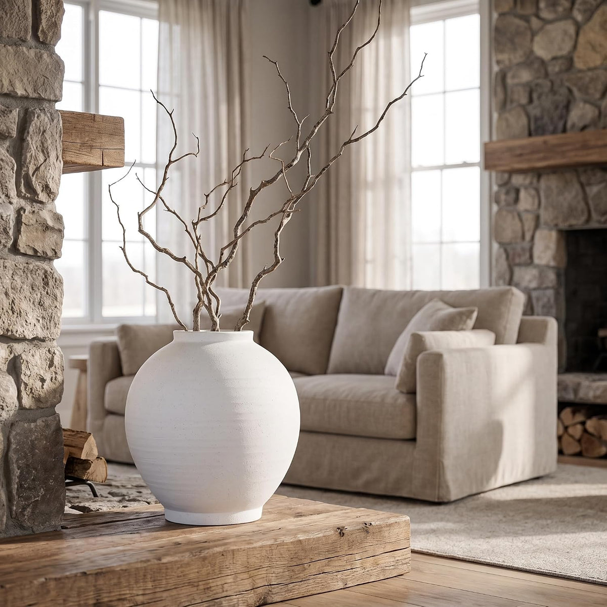 White Ceramic Vase, Large 12.5 Inch Tall Round Floor Vase for Centerpieces, Farmhouse Flower Vases, Rustic Minimalist Home Decor
