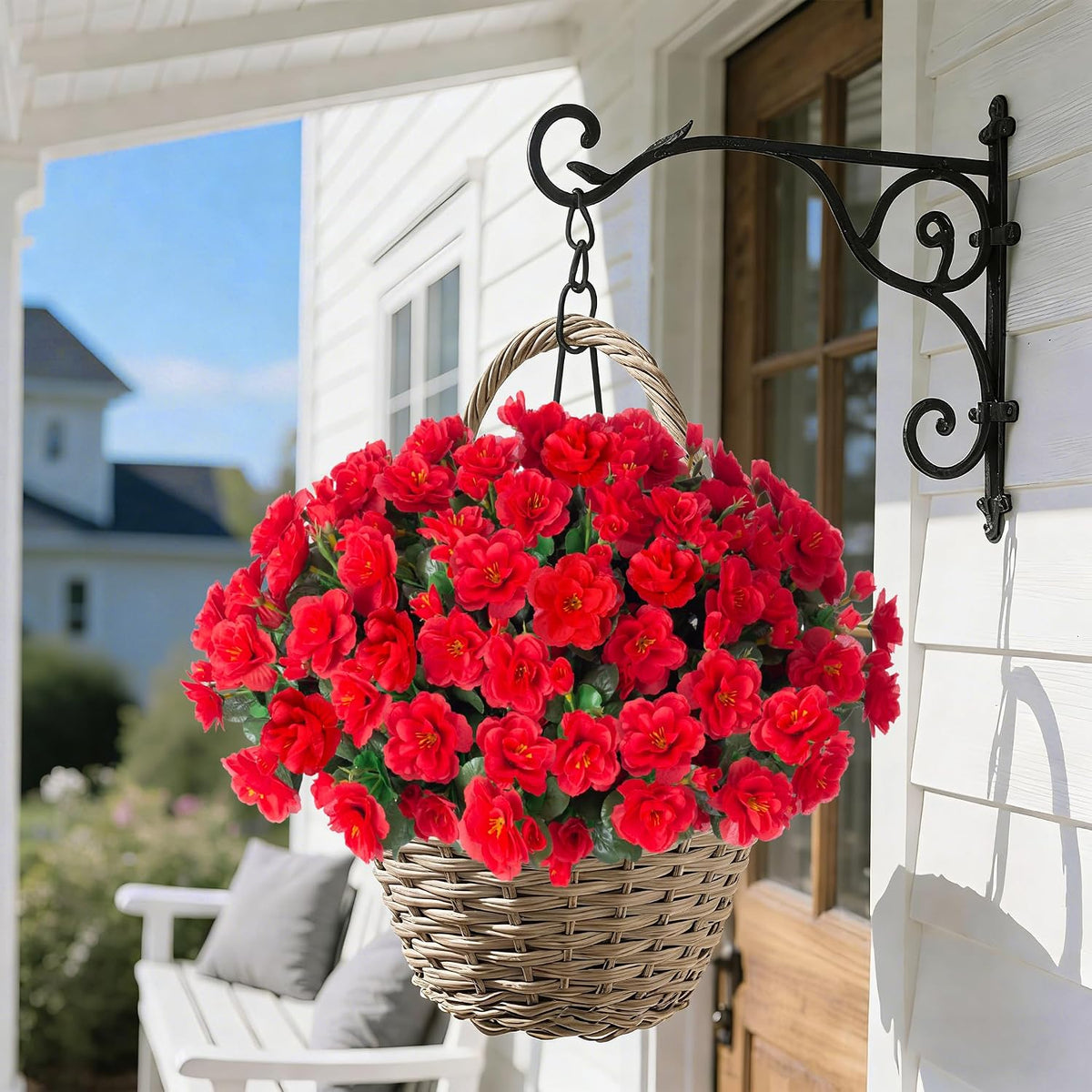 HyeFlora Artificial Fake Flowers for Outdoor Outside Spring Decoration, Fake Silk Red Camellia Flower UV Resistant Realistic Plants for Planter Front Door Porch Patio Table Indoor, 3 Large Bundles