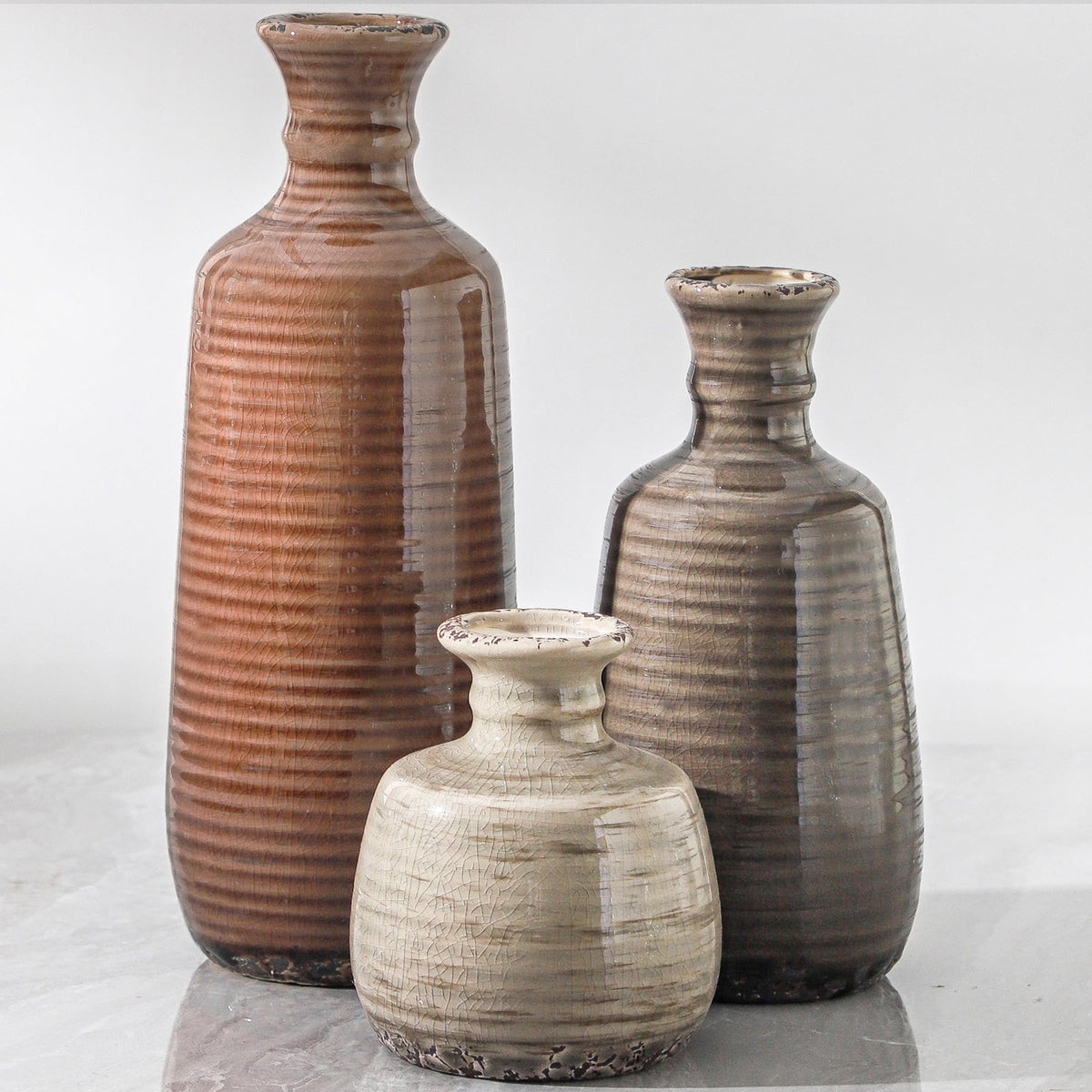 Ceramic Vase Set of 3, Rustic Neutral Vases Home Decor Farmhouse Decorative Flower Vase Modern Boho Pampass Vases for Table Mantel Entryway Shelf Living Room Kitchen Bathroom - Multicolor
