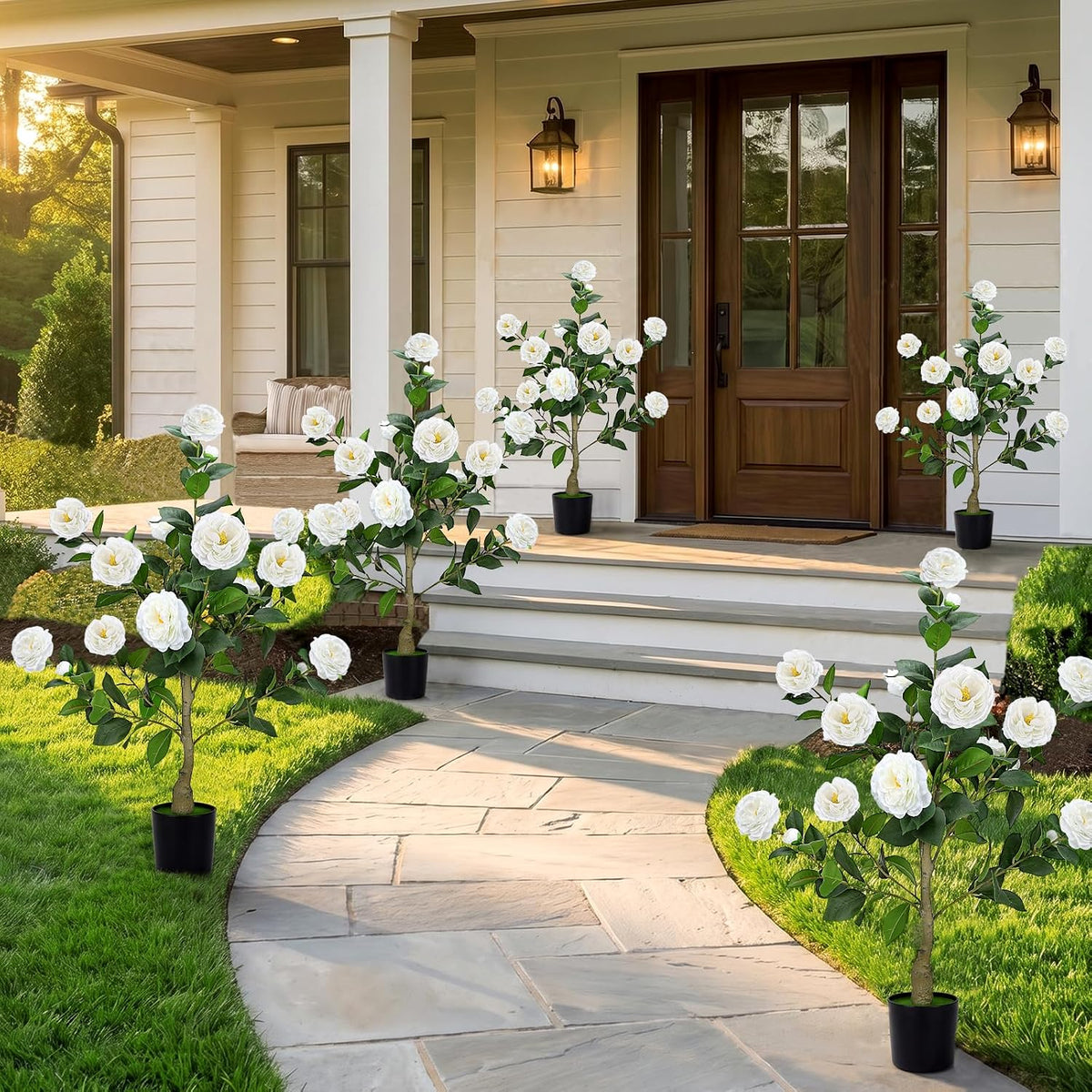2 Pack 3FT Artificial Camellia Trees with White Flower for Outdoor