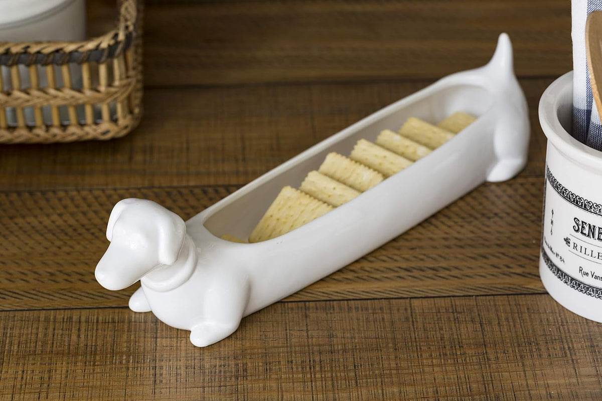 Creative Co-Op Ceramic Dachshund Cracker Serving Dish, White