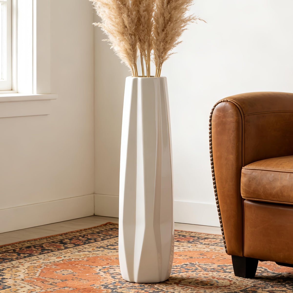 Large White Ceramic Vase, 17.7" Tall Floor Vase for Pampas Grass