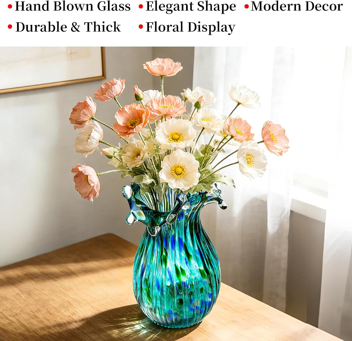 9 inch Tall Green Glass Vases for Flowers, Unique Hand Blown Glass Flower Vase, Large Turquoise Glass Home Table Centerpiece for Floral Bouquet Decorations