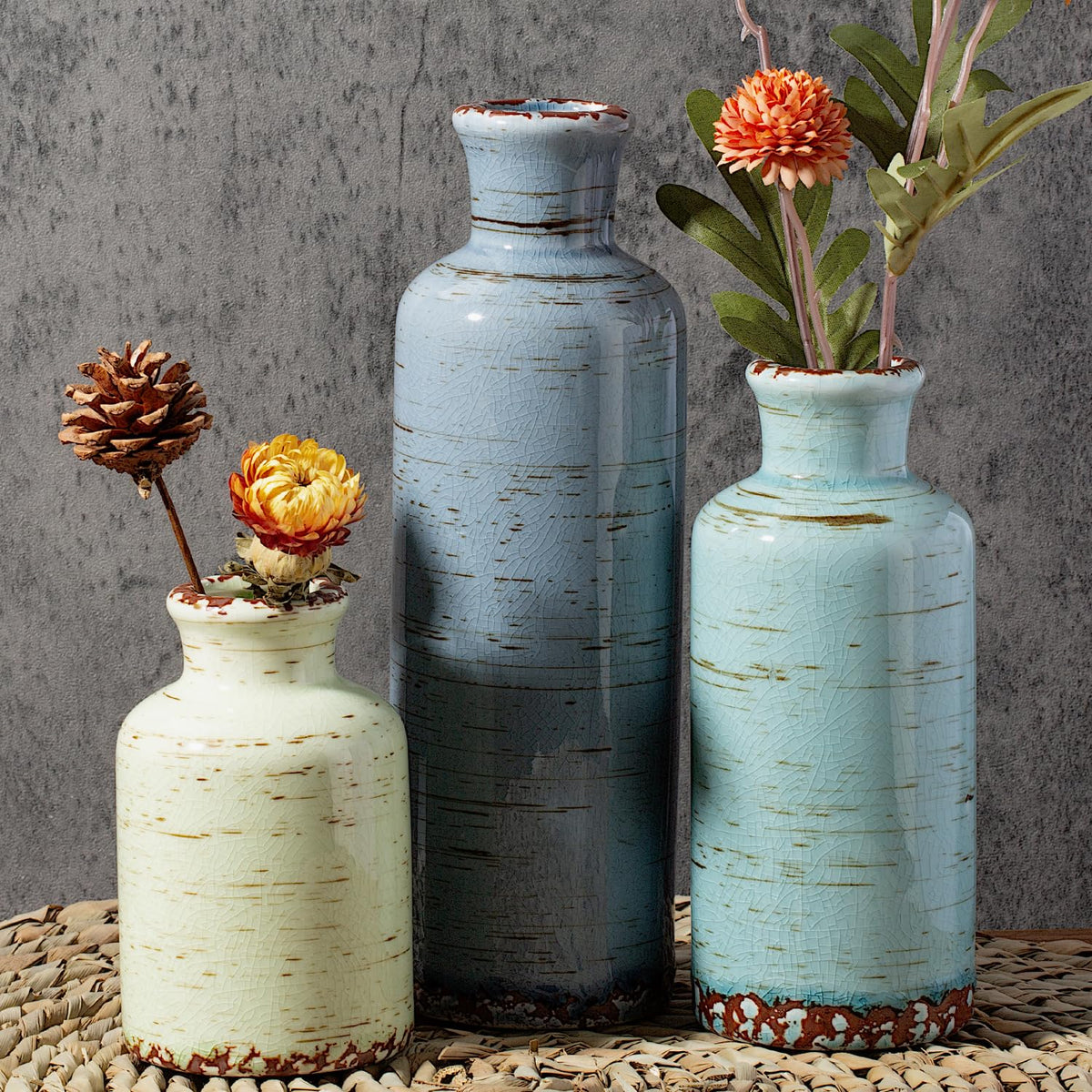 Ceramic Vintage Vase Set of 3, Green and White Crackle Glaze, Chinoiserie Floral Decor for Farmhouse Shelf, Table Centerpiece, Mantel, Living Room & Office