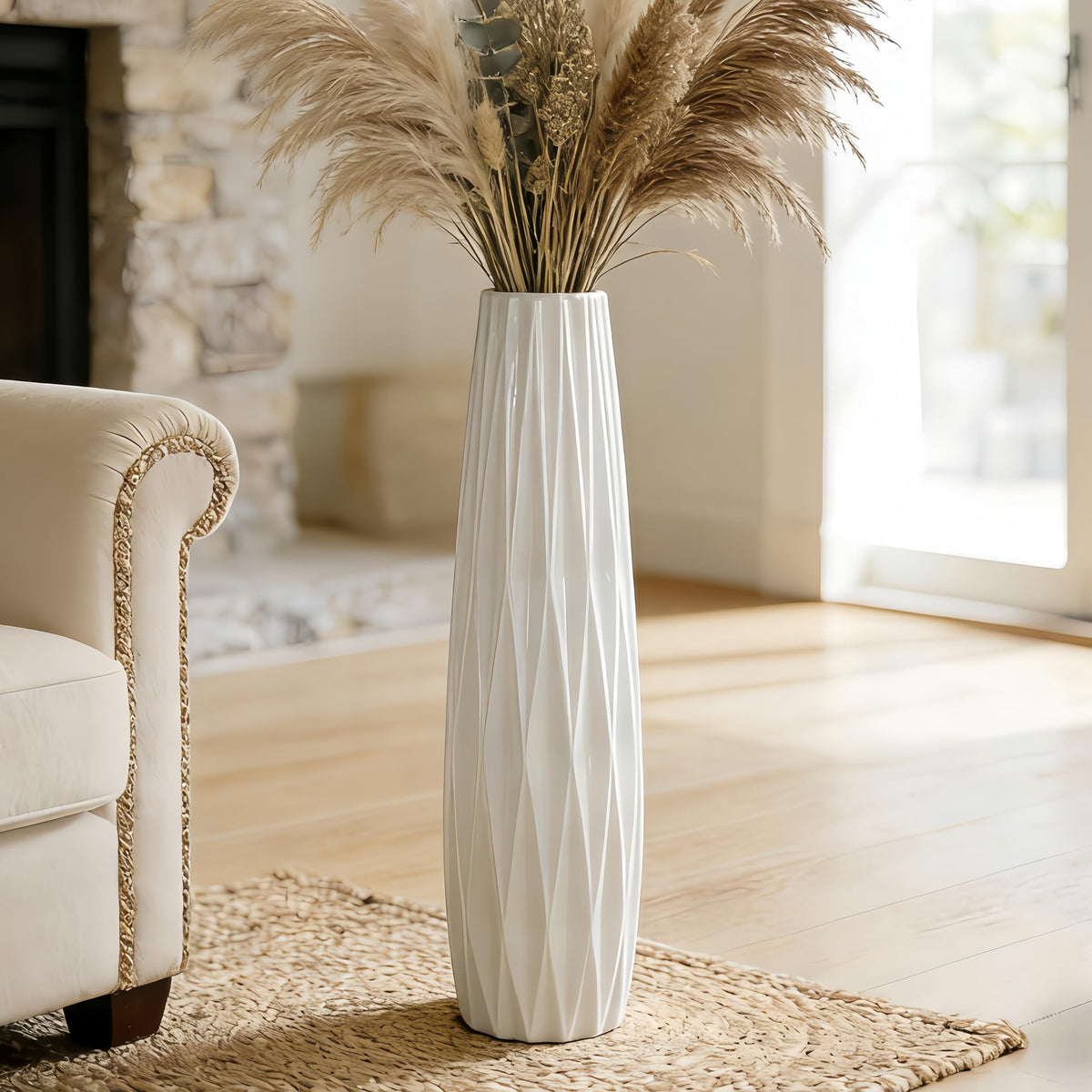 Large White Ceramic Vase, 17.7" Tall Floor Vase for Pampas Grass
