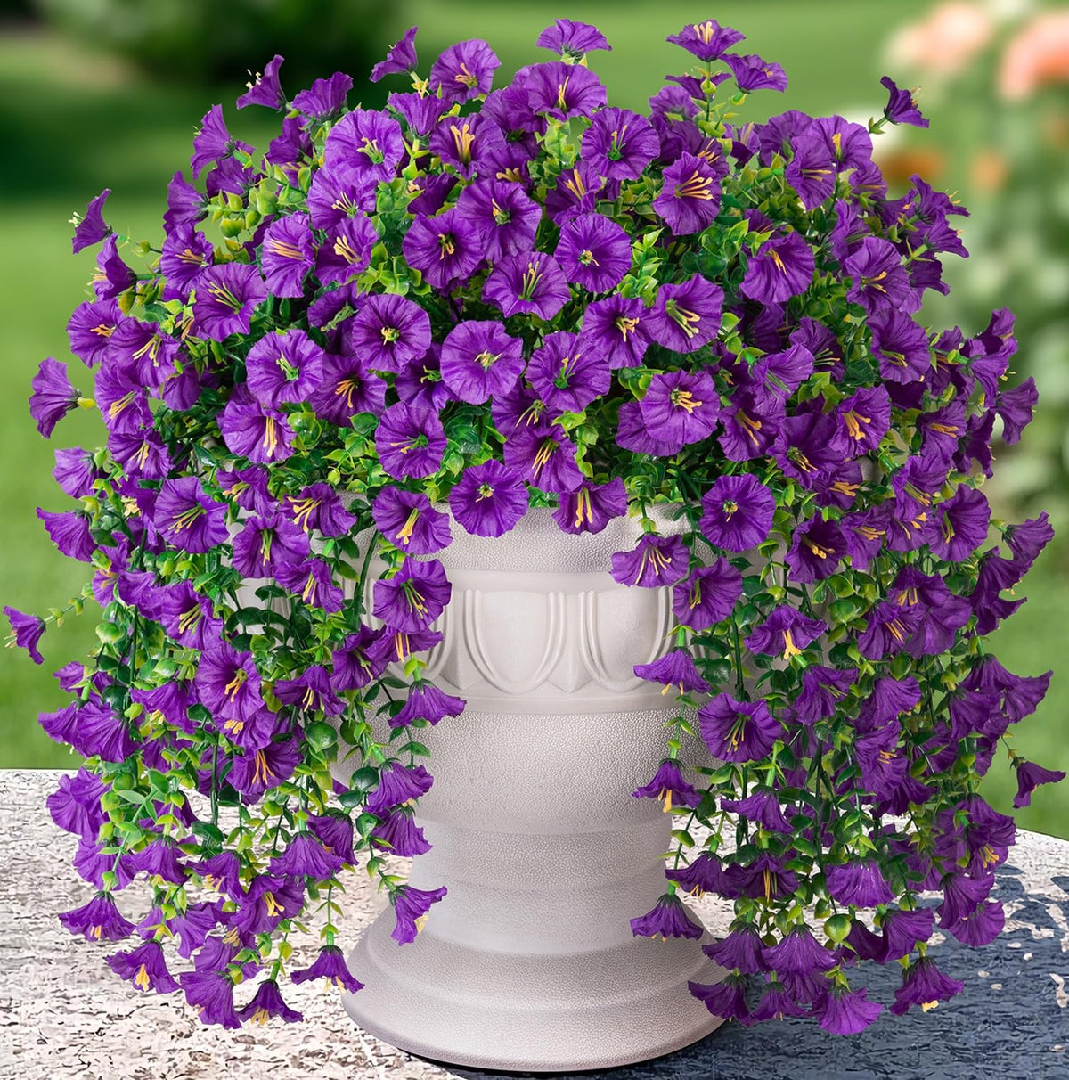 Artificial Faux Hanging Flowers Plants for Outdoor Decor,2 PCS Fake Silk Morning Glory with Eucalyptus UV Resistant Realistic Trailing Vines for Wall Home Porch Patio Balcony Yard Indoor Decor,White